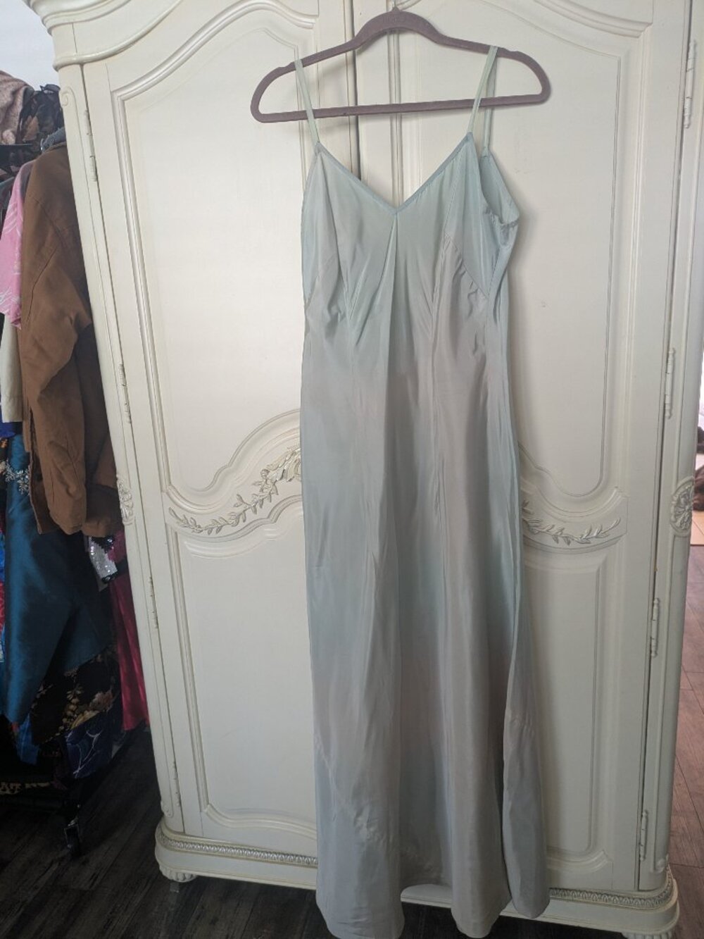 1940s Mint Satin Rayon Deep V Slip Dress